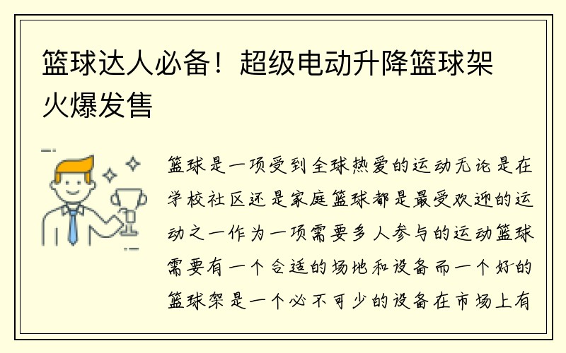 篮球达人必备！超级电动升降篮球架火爆发售